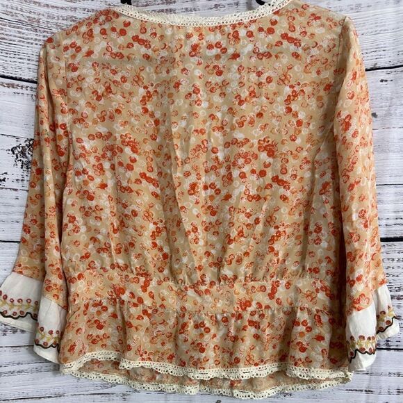 Snak Top Womens Sz 10 Silk floral lace trim Embroidered Boho Blouse Cottagecore - Picture 3 of 10